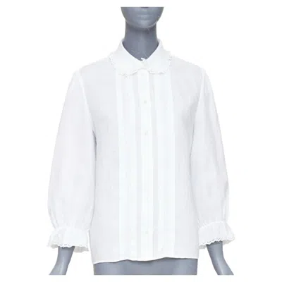 Pre-owned Hedi Slimane Celine White Linen Ramie Eyelet Ruffled Collar Embroidered Pleated Shirt Fr36 S