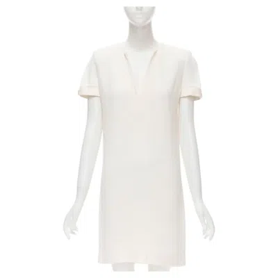 Pre-owned Hedi Slimane Saint Laurent 2013  Ivory Crepe Leather Trimmed V-neck Dress Fr36 S In White