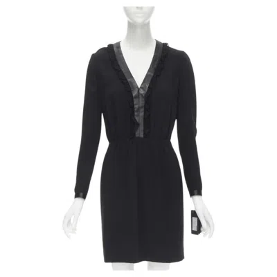 Pre-owned Hedi Slimane Saint Laurent  2013 Black Leather Lace Ruffle Dress Fr36 Xs