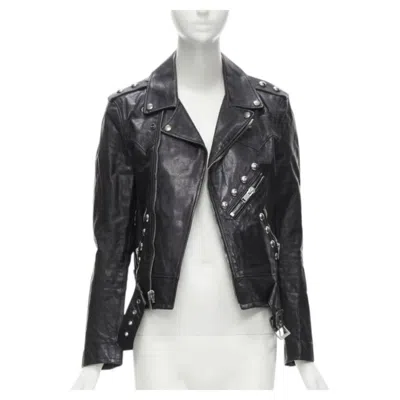 Pre-owned Hedi Slimane Saint Laurent  2014 Black Calf Leather Studded Vintage Biker Fr38 Xs