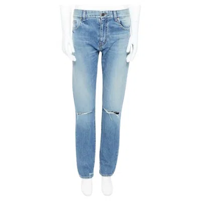 Pre-owned Hedi Slimane Saint Laurent  Blue Cotton Torn Knee Washed Skinny Denim Jeans 29"