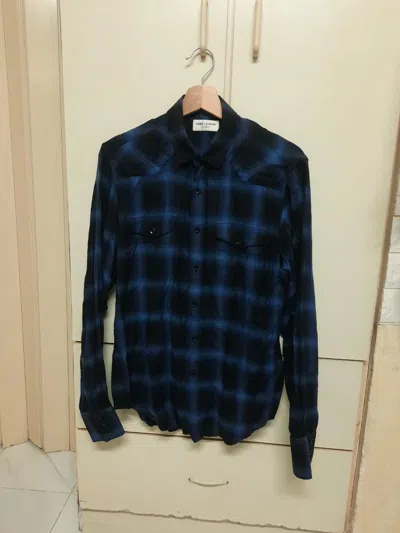 Pre-owned Hedi Slimane X Saint Laurent Paris Fw16 Aw16 Shadow Plaid Checkered Western Flannel Shirt In Blue
