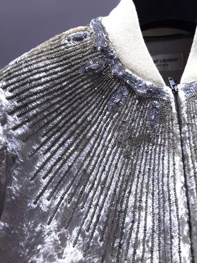 Pre-owned Hedi Slimane X Saint Laurent Paris Grail Sequin Crystal & Bead Embellished Velvet Teddy Jacket In Silver