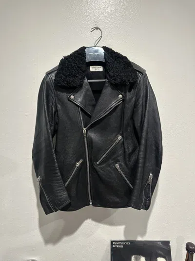 Pre-owned Hedi Slimane X Saint Laurent Paris Sample Fw15 Oiled Calfskin Leather Shearling Biker Jacket In Black