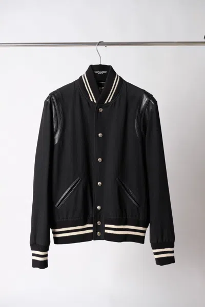 Pre-owned Hedi Slimane X Saint Laurent Paris Ss14 Saint Laurent Paris Teddy Varsity Jacket Black Wool 48 (size Medium)