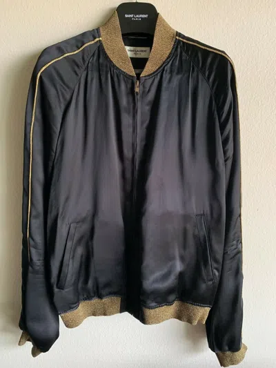 Pre-owned Hedi Slimane X Saint Laurent Paris Ss15 Gold Trim Black Satin Souvenir Teddy Bomber Jacket 54 (size Large)