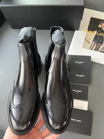 Pre-owned Hedi Slimane X Saint Laurent Paris Super Runway Brandnew Army Lace Chelsea Venice Leather Boots In Black