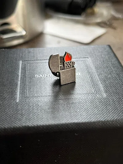 Pre-owned Hedi Slimane X Saint Laurent Paris Zippo Lighter Pin Brooch In Silver