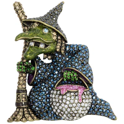 Pre-owned Heidi Daus "broom Heidi" Pave Crystal Witch Pin, Brass Tone In Black
