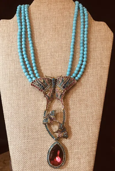 Pre-owned Heidi Daus "butterfly Fantasy" 3-strand Beaded Crystal Drop Necklace In Multicolor