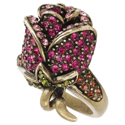 Pre-owned Heidi Daus C.2014 “climbing Roses” Pink Green Swarovski Crystal Floral Rose Ring In Red