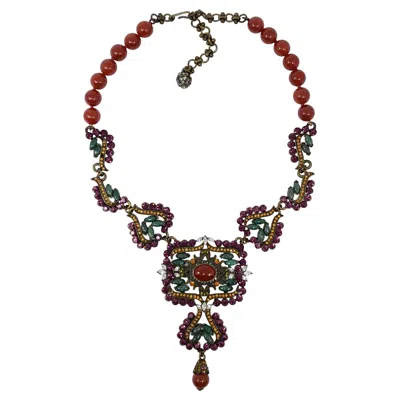 Pre-owned Heidi Daus Dramatic Pendant Bead Necklace, Carnelian, Amethyst, Jade Crystals In Purple