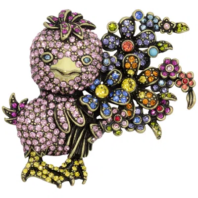 Pre-owned Heidi Daus Duck Tales Crystal Jewel Chick Floral Pin With Bouquet, Brass Tone In Black