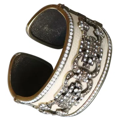 Pre-owned Heidi Daus Ecru Enamel Swarovski Crystals Cuff Bracelet In Brown