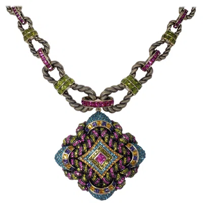 Pre-owned Heidi Daus Embellished Large Pendant Pave Crystal Rope Motif Link Necklace In Black