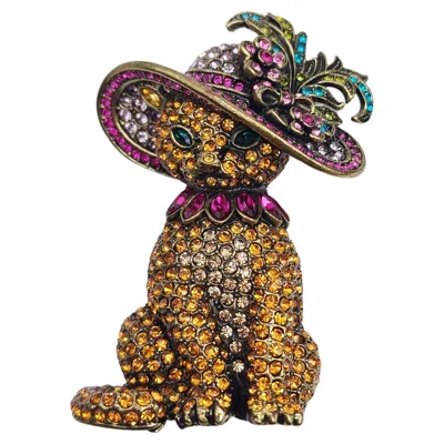 Pre-owned Heidi Daus "fabulous Tabby" Crystal-embellished Cat Brooch In Antiqued Gold In Multi