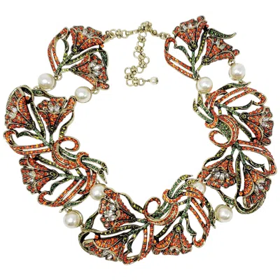 Pre-owned Heidi Daus Heavenly Bloom Faux Pearls Multi-color Crystal Link Collar Necklace In Sand