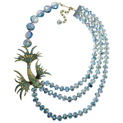 Pre-owned Heidi Daus "in The Swim" Multi-strand Asymmetrical Beaded Necklace, Fish Motif In Gray