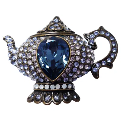 Pre-owned Heidi Daus "my Cup Of Tea" Pave Clear And Blue Crystal Teapot Pin Brooch