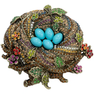 Pre-owned Heidi Daus "on A Lark" Bird's Nest Crystal Pin, Brass Tone, Turquoise Cabochons In Multi