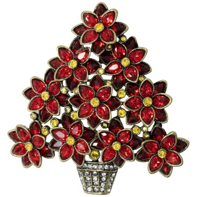 Pre-owned Heidi Daus Pretty Poinsettia Siam Crystal Flower Plant Pin Brooch In Brown