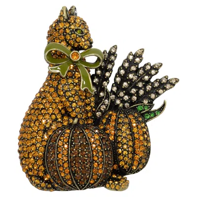 Pre-owned Heidi Daus "puss And Pumpkins" Cat & Pumpkin Pin , Pave Citrine Crystals In Brown