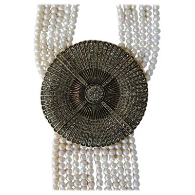 Pre-owned Heidi Daus "spectacular Belgian Disc" Xl Cultured Pearl Tassel Drop Necklace In Gray