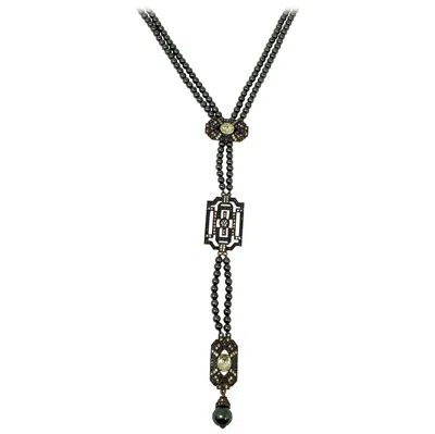 Pre-owned Heidi Daus Tahitian Faux Pearl Art Deco Lemon Quartz Crystal Lavalier Necklace In Black