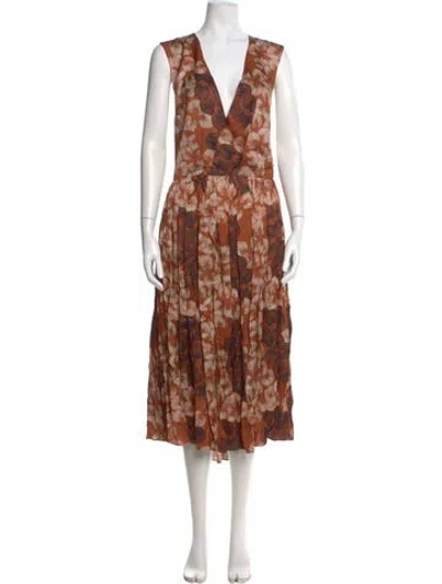 Pre-owned Heidi Merrick Floral Print Long Dress In Brown