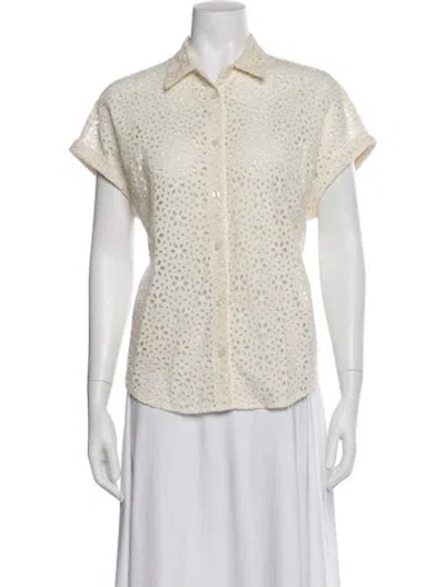 Pre-owned Heidi Merrick Lace Pattern Short Sleeve Button-up Top In Neutral