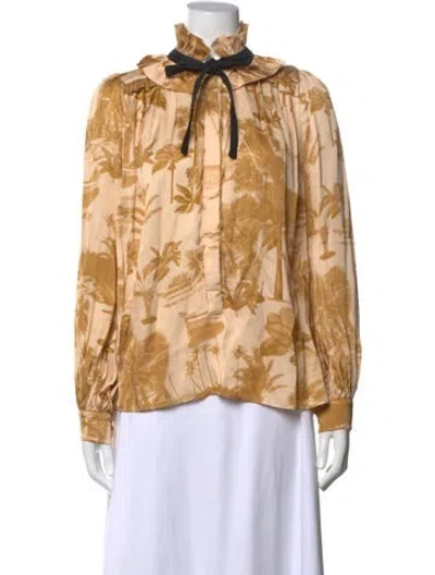 Pre-owned Heidi Merrick Printed Tie Neck Blouse In Yellow