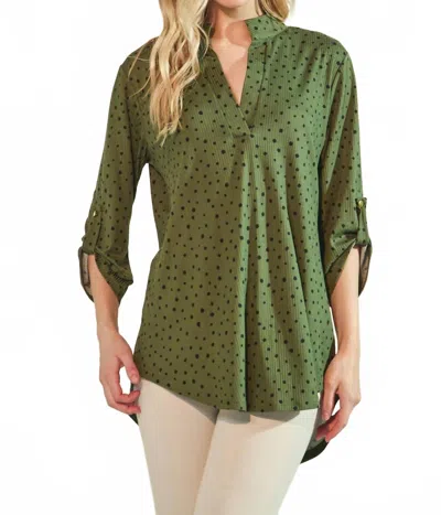 Heimish Usa 3/4 Roll Up Sleeve Mandarin Collar Dot Top In Green In Brown