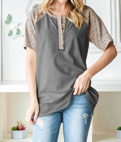 Heimish Usa Animal Print Half Button Top In Charcoal In Neutral