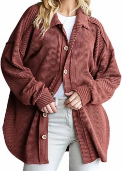 Heimish Usa Basic Collar Solid Urban Ribbed Button Down Shacket Curvy In Rust In Multi