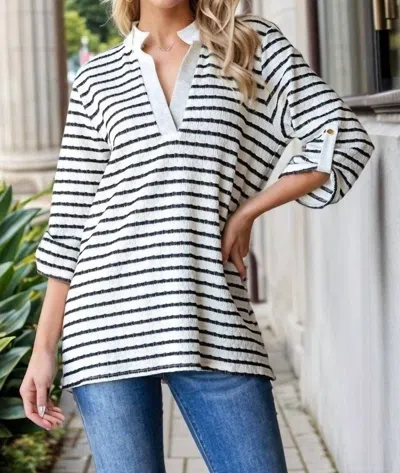 Heimish Usa Collared Stripe Top In Black And White