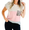 Heimish Usa Colorblock Leopard Tee In White/pink/blue In Beige