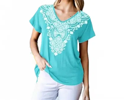 Heimish Usa Damask Print Short Sleeve Top In Mint In Blue