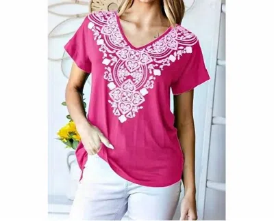 Heimish Usa Damask Print V-neck Top - Plus In Fuchsia In Pink