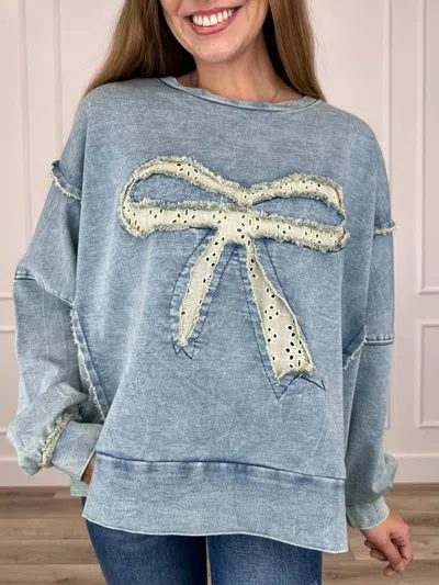 Heimish Usa Eyelet Bow Applique Raw Edge Sweatshirt In Blue