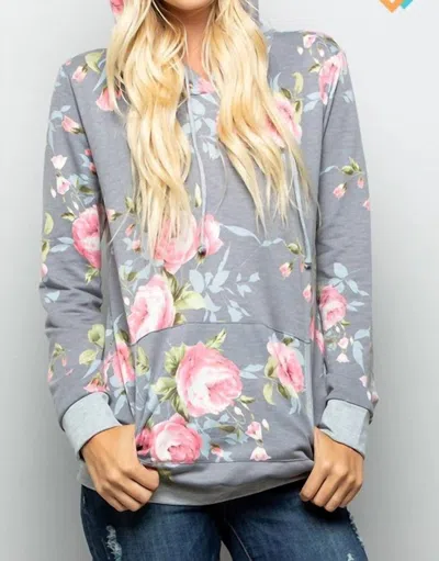 Heimish Usa Floral Hoodie With Kangaroo Pocket In Grey Mauve In Multi