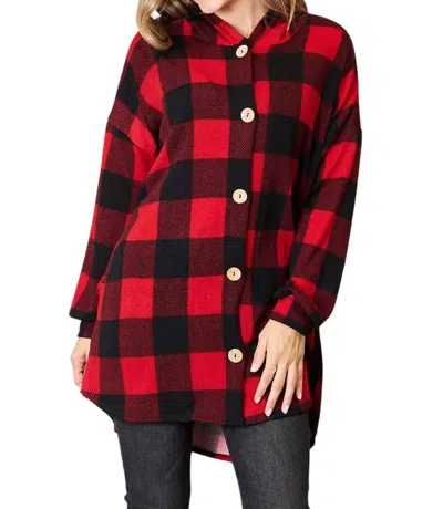 Heimish Usa Full Size Plaid Button Front Hooded Shirt In Black/red In Multi