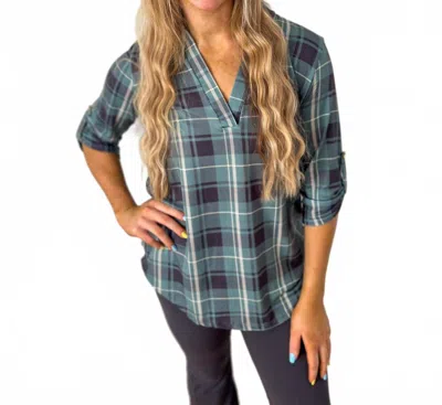 Heimish Usa Jamie Three Quarter Sleeve Top In Green And Blue Plaid In Multi