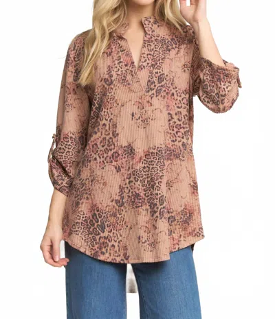 Heimish Usa Mandarin Collar Animal Urban Rib Top In Latte In Multi