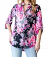 Heimish Usa Mandarin Collar Floral Top In Black/neon In Multi