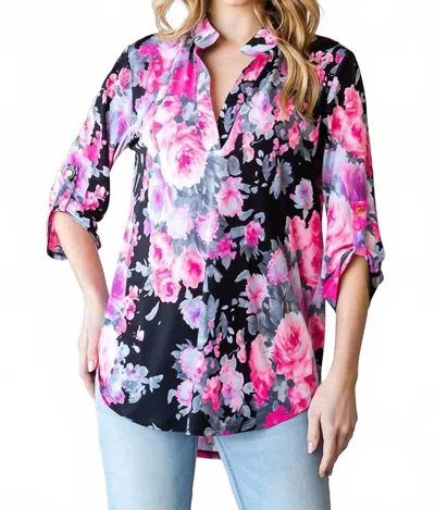 Heimish Usa Mandarin Collar Floral Top In Black/neon In Multi