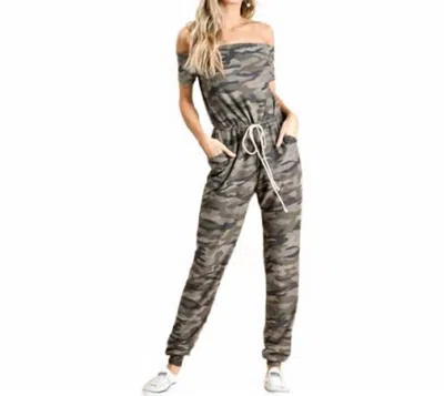 Heimish Usa Off The Shoulder Jumpsuit In Camo In Multi