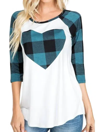 Heimish Usa Plaid Heart Raglan Tee In Teal/white In Blue
