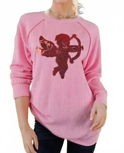 Heimish Usa Puff Sleeve Solid Top With Cupid Sequins In Pink