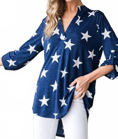 Heimish Usa Roll Up Button Sleeve Top In Blue