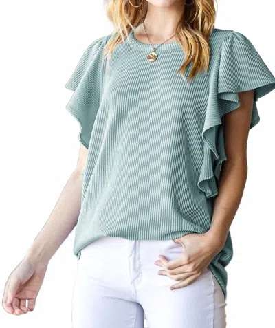 Heimish Usa Ruffled Sleeve Solid Ribbed Top In Dark Sage In Green